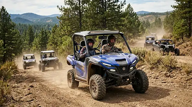 groups of utv driving on a dirt road