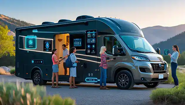 5 people walking around RV class c
