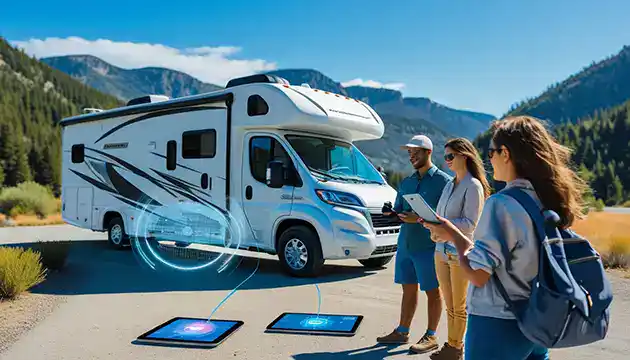 3 people using tablets during RV trip