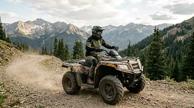 camo Tracker ATV through the Mountains